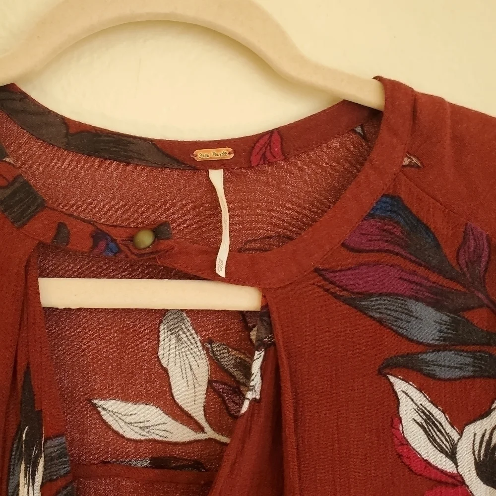 Free People Floral Electric Orchid Maroon Red Keyhole Tunic Dress Boho Casual XS